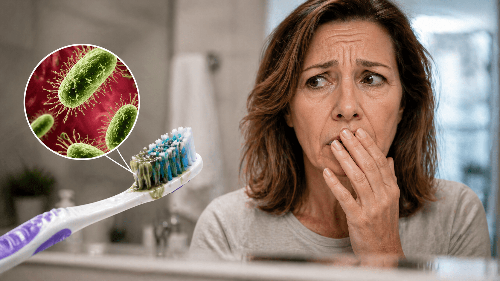 Woman concerned about toothbrush and oral bacteria